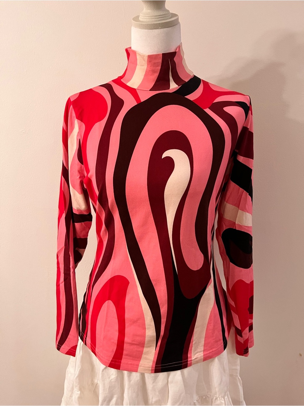 Abstract Pink Swirl Mock Neck Long Sleeve Top